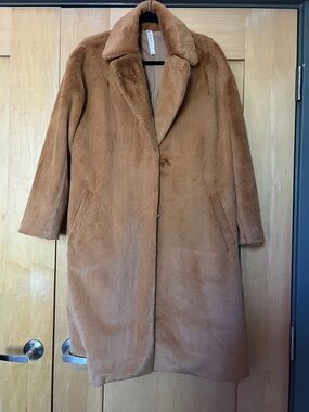 Mural Faux Fur Pea Coat in Camel Brown